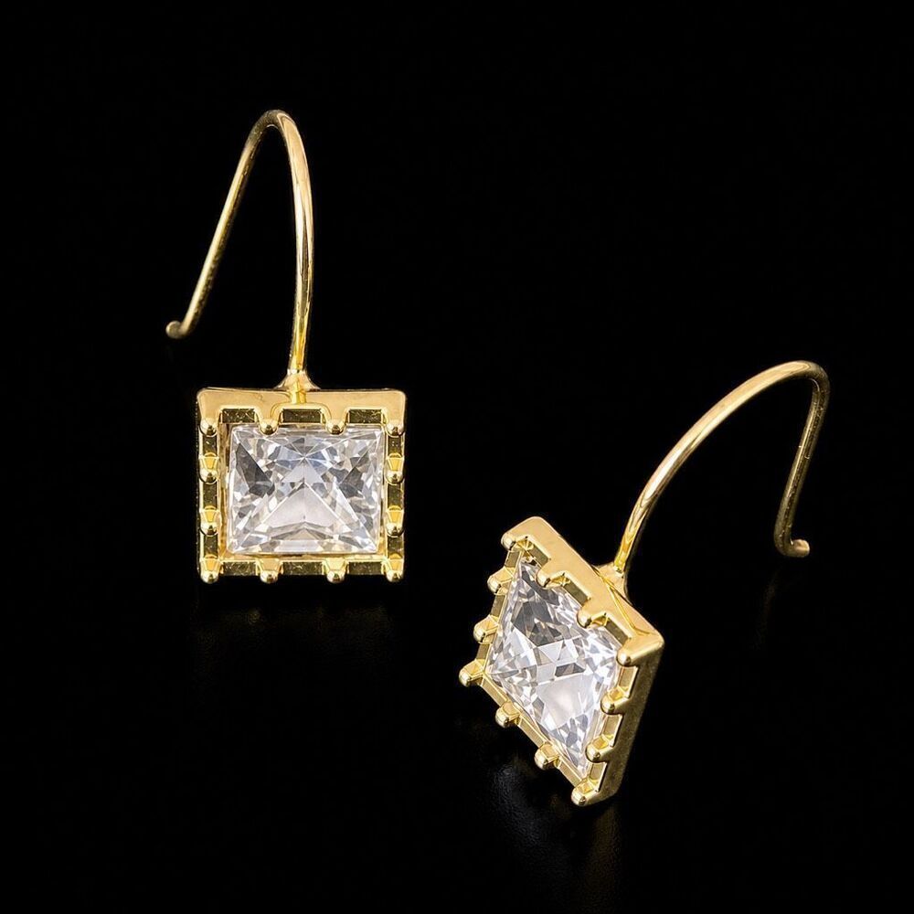 Square Faux Diamond Drop Stud Earrings Gold Tone
